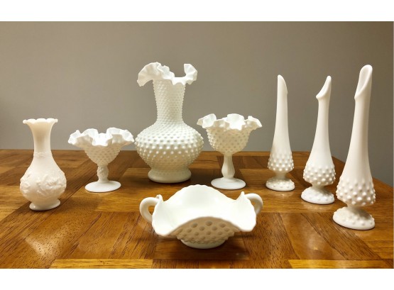 Lot Of 8 Fenton Milk Glass Pieces (Vases, Dishes, And Bowl)