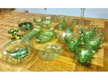 Large Lot Of Green Depression Glassware And Matching Viking Glass Mushroom Paperweight