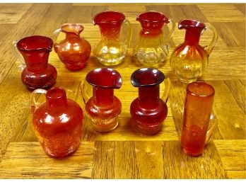 Lot Of 9 Vintage Orange Glass Ware Pieces - Amberina, Fenton, Pilgrim