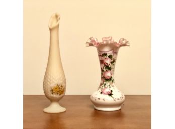 Pair Of Vintage Painted Milk Glass Vases