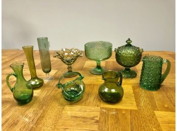 Lot Of 9 Vintage Green Glass Vases And Dishes