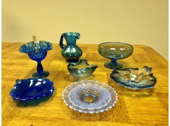 Set Of 7 Vintage Blue Glassware Pieces Including Fenton And Pilgrim