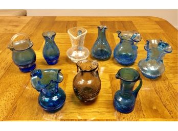 Lot Of 9 Vintage Blue Crackle Glass Ware Pieces