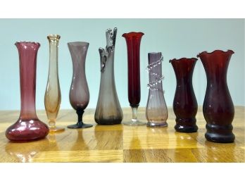 Lot Of 8 Vintage Red/Purple Glass Vases Including Pilgrim