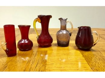 Lot Of 5 Vintage Red Glass Items (Small Vases, Pitchers)