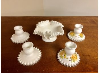 Lot Of 5 Milk Glass Ware Items (2 Sets Of Candle Holders And Bowl)