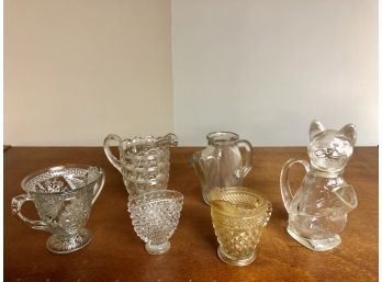 Lot Of 6 Miscellaneous Clear Depression Glass Items (Pitchers, Decanter, Vases)