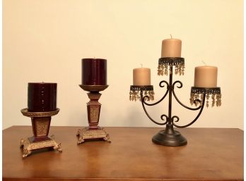 Lot Of 3 Contemporary Candle Holders (with Candles)
