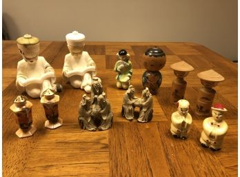 Lot Of Vintage Japanese Porcelain, Wood, And Clay Figurines And Salt/Pepper Shakers