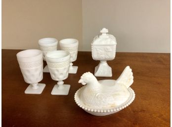 Set Of 6 Milk Glass Items (Rooster Serving Dish, Cups, And Candy Dish)