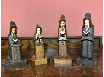 Set Of 4 Hand Carved Wooden Monk Figurines