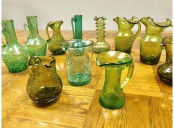Set Of 11 Vintage Green Crackle Glass Pitchers And Vases