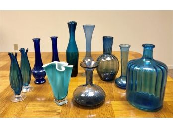 Large Lot Of 11 Vintage Blue Glass Vases