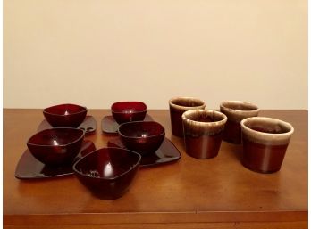 Red Glass Coffee Mugs/Dishes (5 Sets) And USA Pottery Mugs (4)