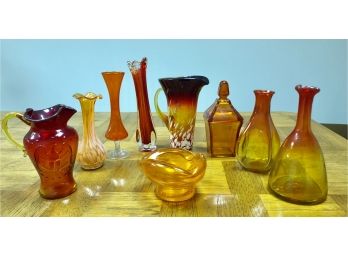 Lot Of 9 Vintage Orange Glass Vases And Dishes