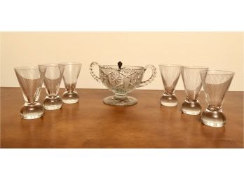 Vintage Glass Bowl, 6 Glasses, And Spoon