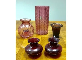 Lot Of 5 Miscellaneous Vintage Red Glass Vases Including Pilgrim