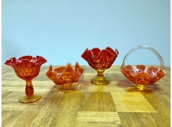 Lot Of 4 Vintage Orange Glass Bowls And Basket (Fenton, Pilgrim)