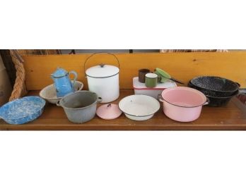 Colorful Lot Of Assorted Blue Agate Ware And Graniteware In White, Gray & Pink! Country Farmhouse Decor