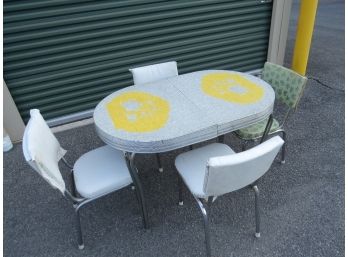 Mid Century Gray Formica Kitchen Table With Yellow Tea Pot Design & 4 Chairs