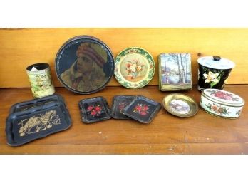 A Nice Lot Of Vintage Kitchen Tins And Toleware Trays.