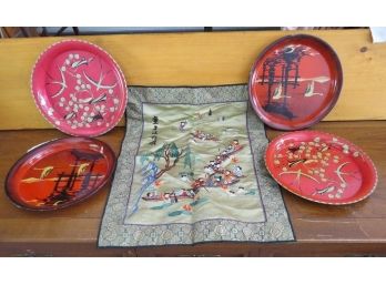 Mid Century Asian Metal Trays & Japanese Wall Hanging, Signed