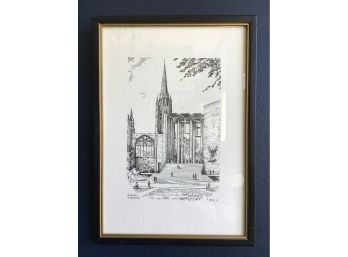 Print Of Coventry Cathedral, England By R Overy, 1975 - 9x12.5