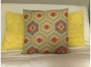 Pillow Lot - Two 24 Inch Yellow And One Multi Colored