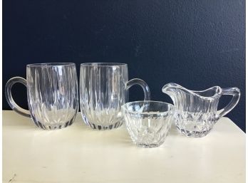 Pair Of Crystal Mugs Plus Creamer And Open Sugar Bowl