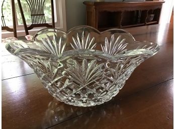 Cut Glass Oval Fruit Bowl With Cross Hatch Design And Scalloped Rim