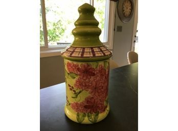 Lime Green Cookie Jar With Pink Floral Design