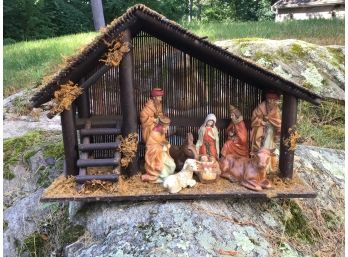 Nativity Creche With Figurines And Wood And Moss Covered Stable - Very Nice!