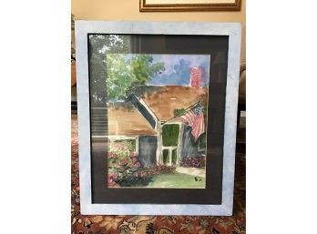 Signed Watercolor, Cottage With Flying American Flag - 18 X 22