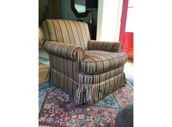 Custom Traditional Style Club Chair, Rayon Blend Stripe In Olive, Red And Gold, Shirred Skirt