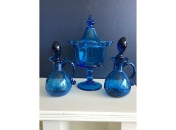 Pair Of Vintage Pilgrim Art Glass Blue Crackle Cruets With Stopper And Lidded Candy Dish