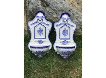 Pair Blue And White Petite Planters, Portugal