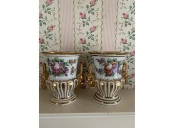 Pair Of 20th Century Porcelain Urns Hand Painted Floral Decoration