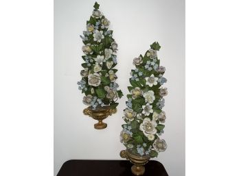 Pair Of Tole Peinte And Giltwood Wall Mounts, Urns W Dbl Scrolled Handle W Metal Flowers & Ivy  11x6x32in