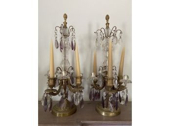 Pair Of Brass With Clear And Amethyst Cut Glass Candelabra 9x18.5in Candlestick Holder