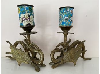 Chinese Brass Griffin Candlesticks W Enamel Candle Cup 8x8in