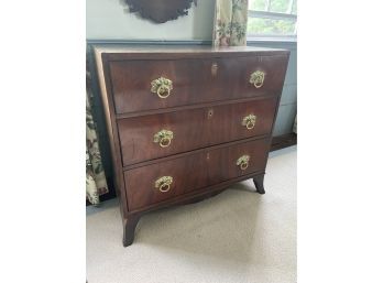 George III Mahogany Chest Veneer 33x18.5x33in Brass Ring Pulls W Ornate Foliate Backplate 3 Drawer Dresser