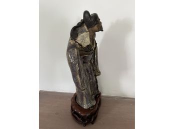 Chinese Polychrome Glazed Stoneware Figure Statuette On Fitted Stand 7x13x4.5