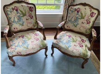 Pair Of French Provincial Louis XV Style Fauteuils Armchair Floral Accent Chair 26x22x38