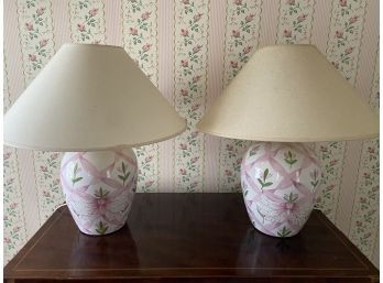 Pair Of White And Pink With Floral Decorated Table Lamps 5x20in