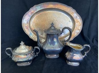 Gorham Tea Pot Y1101 With Cream Y1104 And Sugar Y1103 Set And Silver Soldered Oval Platter Y316