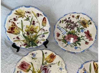 Set Of 6 Hand Painted Floral Plates With Blue Trim Made In Italy 9in Tulips Roses Daisy