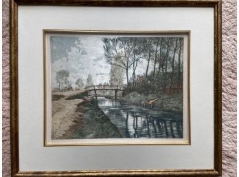 Beautiful Print On Silk Of Landscape With Bridge And River 17x14in Matted Framed Glass