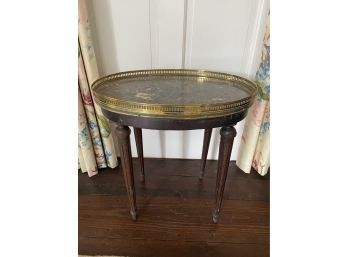 Marble Top Small Oval Side Table With Brass Toile Work Edge Made In France 20x15x20in