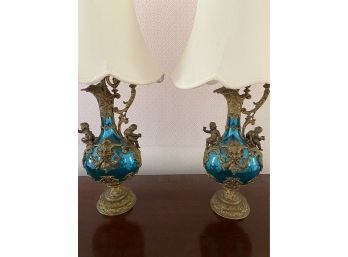 Pair Of Blue Green Bottle Lamp With Brass Cherubs 24in