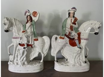 Pair Of Third Quarter 19th Century Staffordshire Figurines Highlanders On Horseback 9x3x11.5